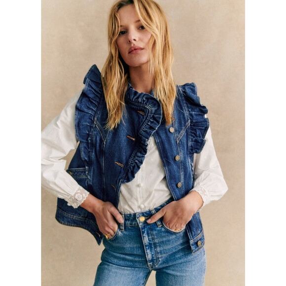 Sézane Faye Organic Cotton Denim Jacket Vest - S Dark Blue - Picture 1 of 5